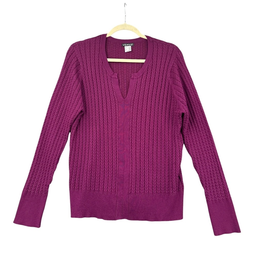 Venus Womens‎ 1X Purple Cable Knit V Neck Long Sleeve Sweater Top